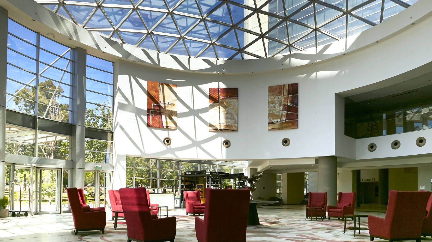The light-filled hotel lobby
