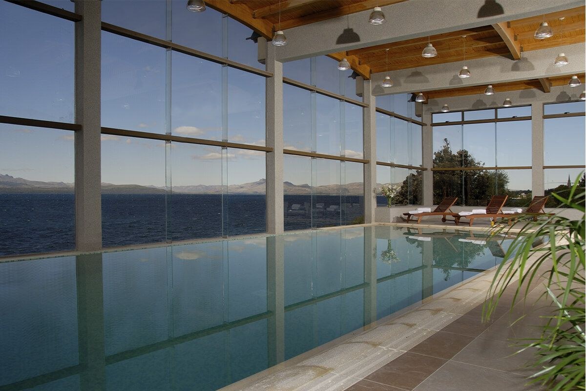 The hotel’s indoor pool beside Lake Nahuel Huapi